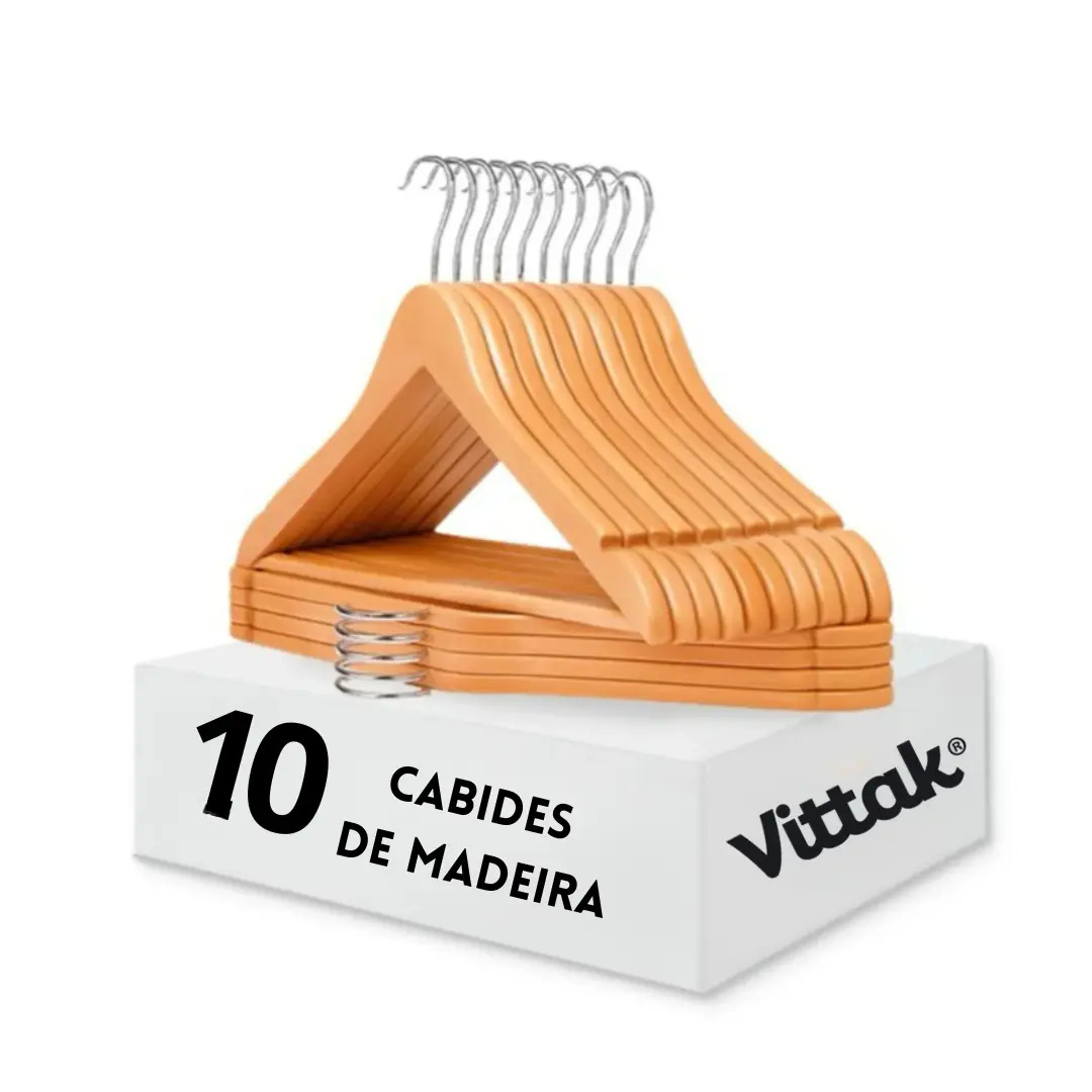 Vittak Kit 10 Cabides Madeira Marfim Adulto Organizador Roupa Premium