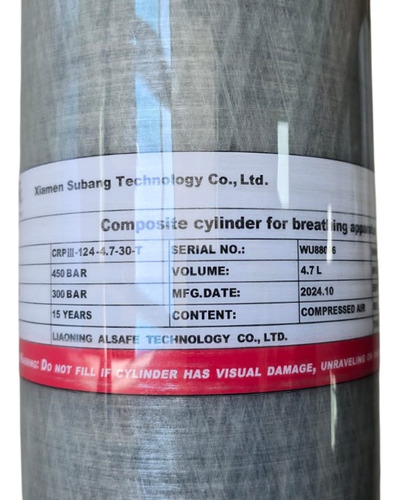 Cilindro Mergulho Scuba 300bar Fibra Carbono 4,7 L Torneira