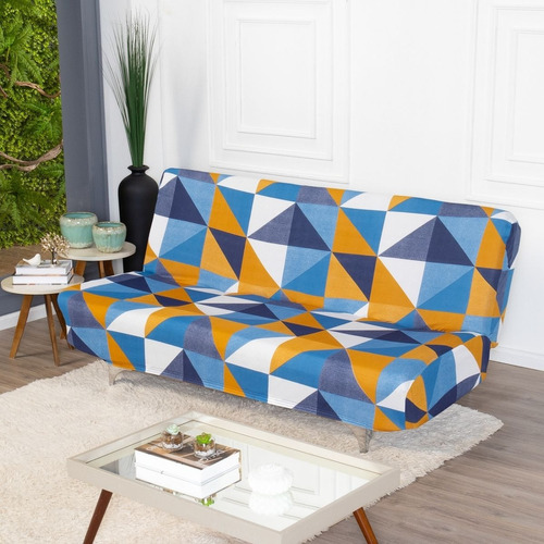 Capa Para Futon Em Malha Estampada Geometrica 2 Lugares Cor Azul