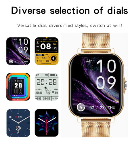 Relógio Inteligente Dourado Chamada Bluetooth Monitoramento Bisel Preto Desenho Da Pulseira Mesh