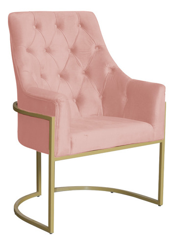 Poltrona Decorativa Vick Base Dourada Veludo Rosa