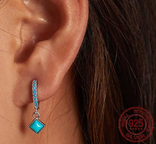 Finos Aretes Plata S925 Huggies Minimalista Piedra Turquesa