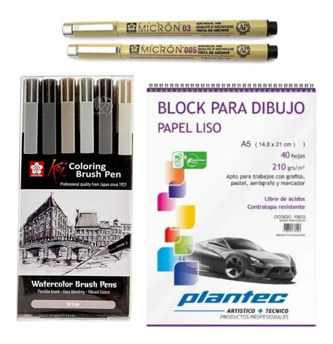 Kit Marcadores Sakura Koi Gris Block Plantec Microfib Micron