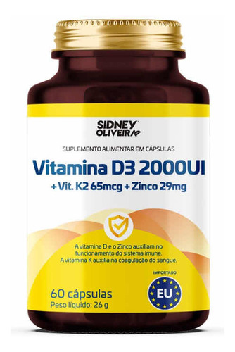 Vitamina D3 2000ui+vitamina K2 65mg+zinco 29mg 60 Cápsulas Sabor Sem Sabor