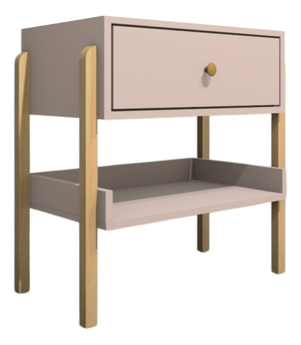Mesa De Cabeceira Em Mdf Pés em Madeira Natural Com 1 Gaveta E Prateleira Acabamento Fosco Cor Sal Rosa