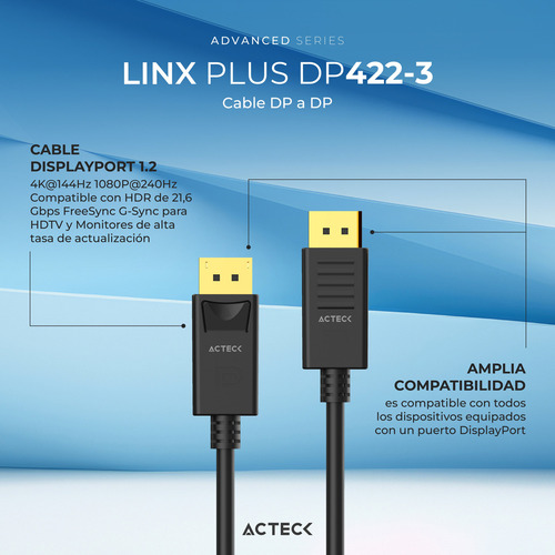 Cable Displayport Acteck Linx Plus Dp422-3 4k 60mhz 2160p 3m