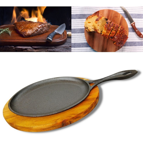 Tabua Madeira Oval 29cm C/ Frigideira Mix Grill Ferro Servir Cor Marrom Liso