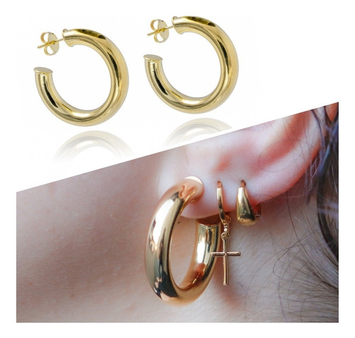 Brinco De Argola Tubo Feminino Banhado A Ouro 18k Semi Joias Cor Dourado