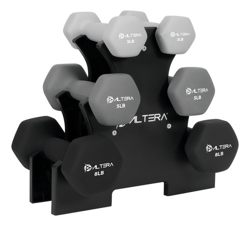 Altera Kit Pesas Mancuernas Neopreno 3 5 8lb Soporte Fitness Color Monocromatico