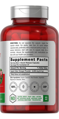 Cápsulas De Vinagre De Maçã 2400 Mg 200 Comprimidos Sem Ogm