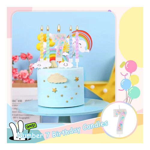 Rainbow Número 7 Vela De Cumpleaños 3d Macaron Glitter 7 De
