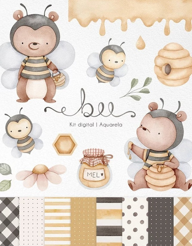 Kit Imagenes Png Cliparts Abeja Oso Osito Miel Acuarela Ni38