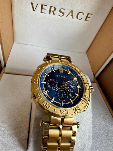 Reloj Versace Greco Dorado Con Fondo Azul De Caballero