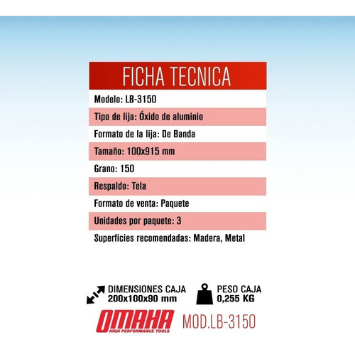 Imagen 2 de 6 de Set Lijas De Banda 100x915 Mm Omaha Grano 150 X 3 Unidades