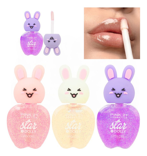 Kit C/3 Lip Gloss Bunny Glitter Coelhinho Pink 21 Cor Sortidos