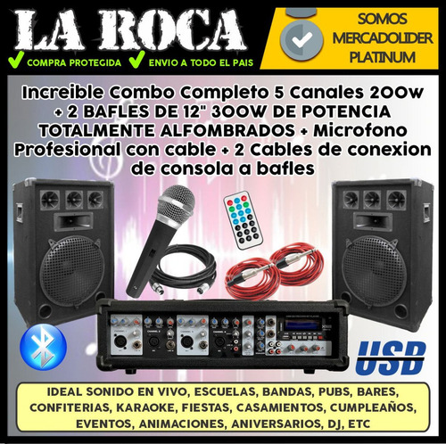 Imagen 6 de 10 de Combo Consola 5 Canales 200w Usb Bluetooth 2 Bafles 12