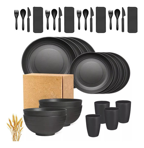 . Vajilla Juego Negro Cocina Paja Trigo Plato Tazas Kit 28pz