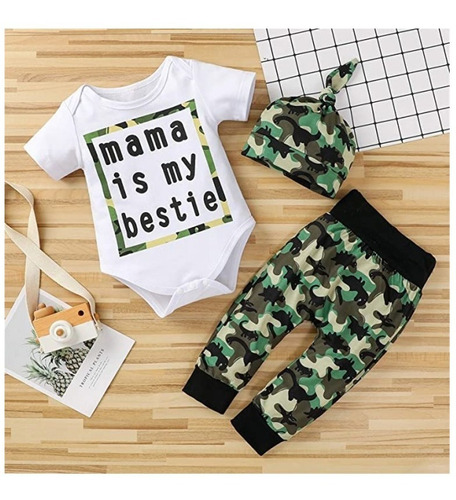 Conjunto De 3 Piezas De Ropa Para Bebé Con Estampado + Gorro