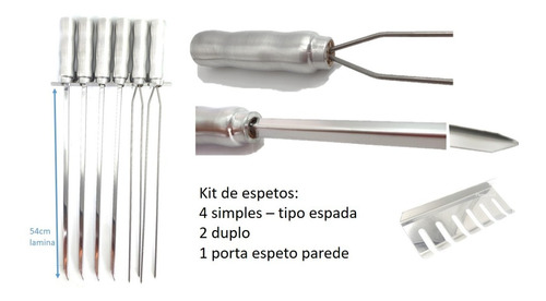 Kit 6 Espetos Inox Simples/duplo + Porta Espeto