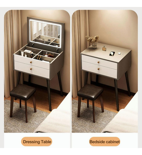 Tocador De Dormitorio Con Cajones Espejo Modernos Led Gris