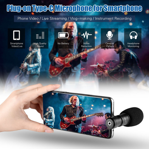 Andoer Plug-on Tipo-c Smartphone Microfone Vídeo Microfone C