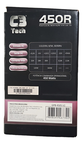 Fonte De Alimentação Para Pc C3tech Gpb-450s 450w - Sem Uso
