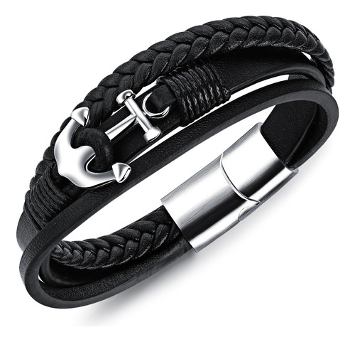 Elegante Pulsera Ancla Piel Genuina Acero Titanio Inox  B700