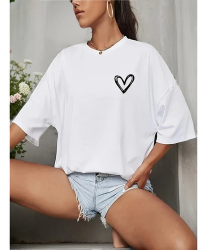 Camiseta De Mujer De Algodón Con Estampado De Corazones