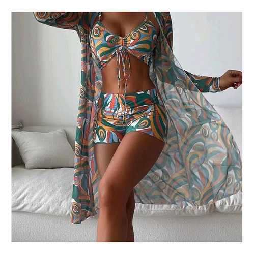 Conjunto Bikini De Tres Piezas Con Estampado Floral Playa