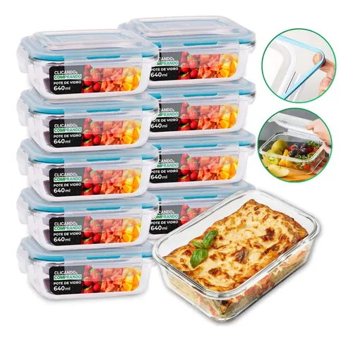 comprar Conjunto 10 Potes 640ml Vidro Hermético 4 Travas Marmita