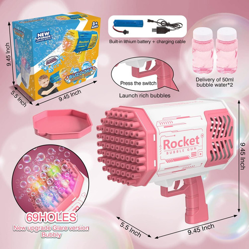Pistola De Burbujas Rocket - Diversión Asegurada Para Niños Rosa