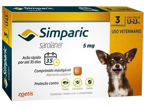 Antipulgas Simparic 5mg C/ 3comprimidos Cães 1,3 A 2,5 Kg