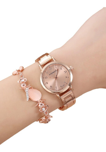 Reloj Pulsera Cuarzo Diamantes Para Mujer Oro Rosa Set 2 Pz