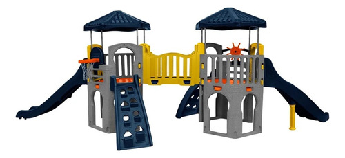 Playground Arcade Freso C/ 2 Escorregadores E 2 Escaladas Cor Azul Petróleo, Laranja, Amarelo E Cinza