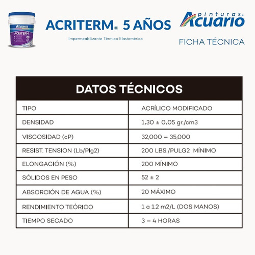 Imagen 2 de 2 de Impermeabilizante Acuario Acriterm Aislante 5 Años Galón 4lt