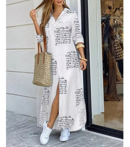 Vestido De Camisa Suelta Con Botón Y Bolsillos Con Estampado