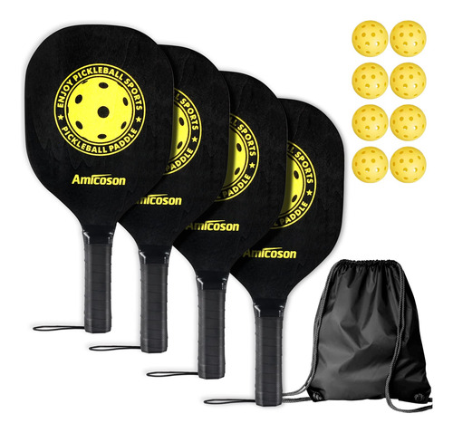 Set Paletas Pickleball De Madera Con 8 Bolas Y Bolsa