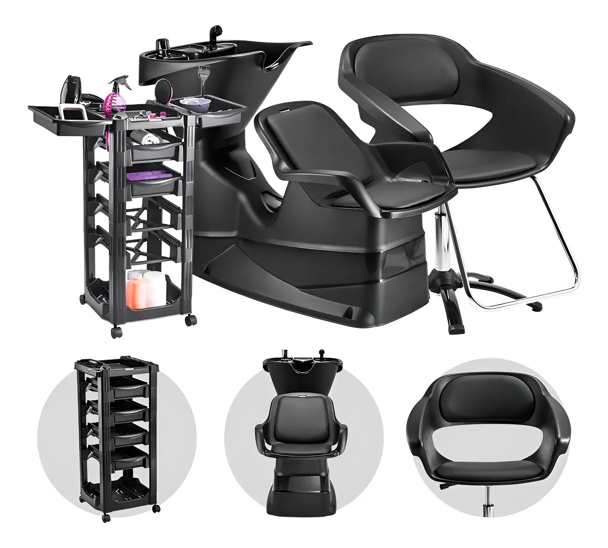 Kit Lavatório de Cabelo com Cadeira Primma e Carrinho Auxiliar Móveis para Salão de Beleza Dompel