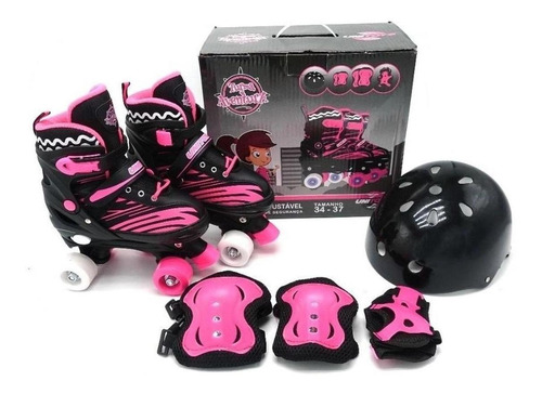 Patins 4 Rodas Com Proteção Preto/rosa 34/37 Unitoys 1513