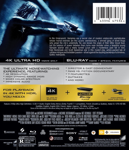 4K Ultra Hd + Blu-ray Underworld / Subtitulos Ingles