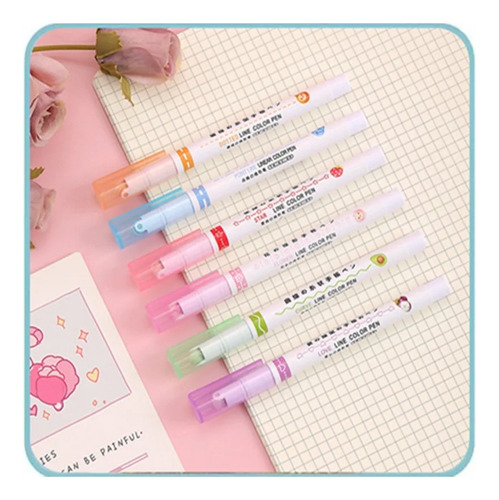 Canetas Coloridas Fine Carimbo Roller Papelaria Fofa 6unid