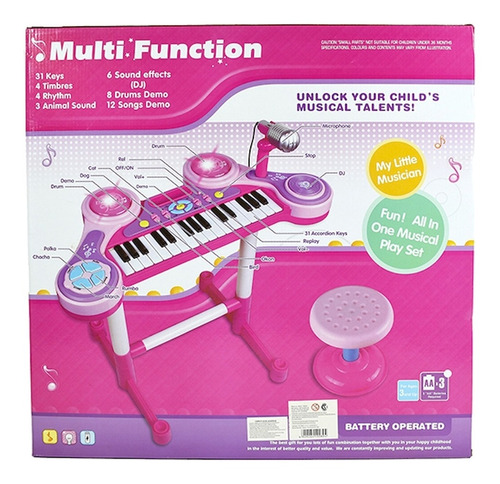 Organo Musical Toyland C/microfono Y Taburete Rosa/cel 60cm Color Rosa/Celeste