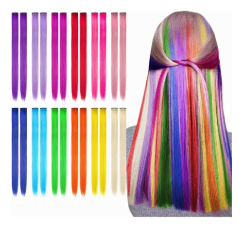 12 Extensiones De Cabello Sintético Colores Fantasía Mujer Color Multicolor