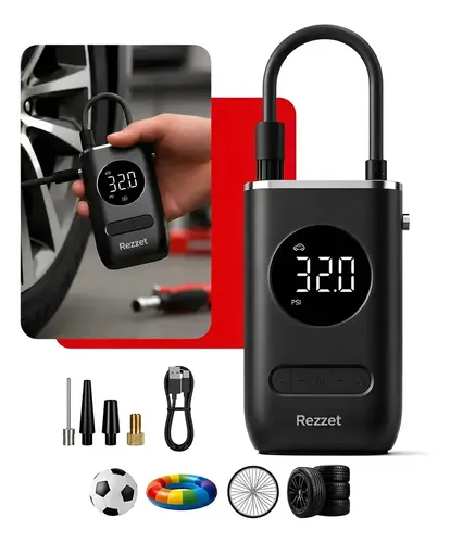 Mini Compressor Digital Portátil para Carro Moto e Bicicleta com Calibrador Digital Inflador Elétrico de Pneus LCD Lanterna LED Compacto e Recarregável Preto Marca Rezzet