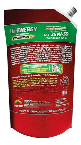 Aceite Roshfrans Alto Kilometraje Para Motor 25w50 950 Ml