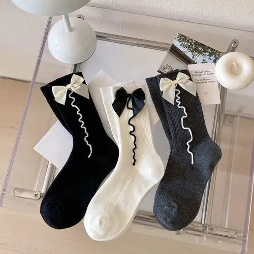 Calcetines De Algodón Con Lazo, Calcetines Medios Dulces, Ca