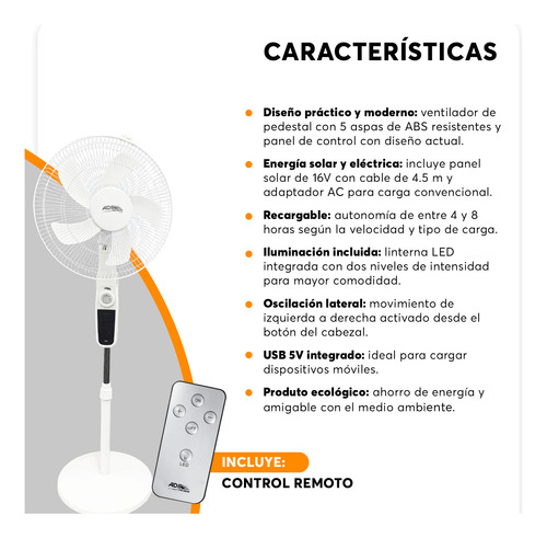 Ventilador Solar Recargable 17pul Con Luz Y Control Adir Blanco