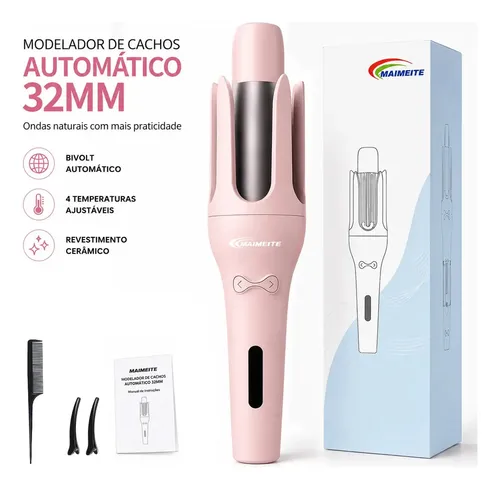 Modelador De Cachos Automático 32mm Bivolt Cerâmica Maimeite Rosa 127/220v