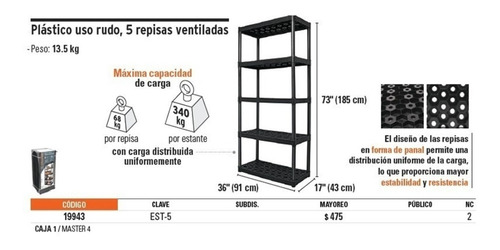 Estante Plastico 5 Niveles Uso Industrial Truper