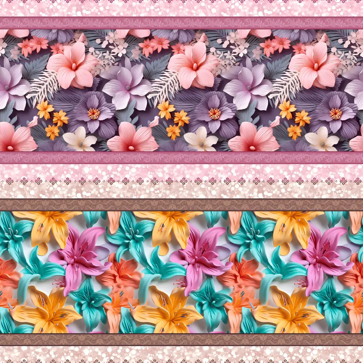 Tecido Tricoline Barrado Digital - 10 Faixas - Opções Branco Floral